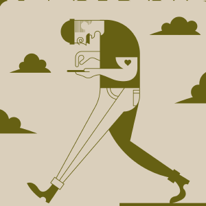 An illustration of a man so occupied with his smartphone that he's about to wall off a cliff.